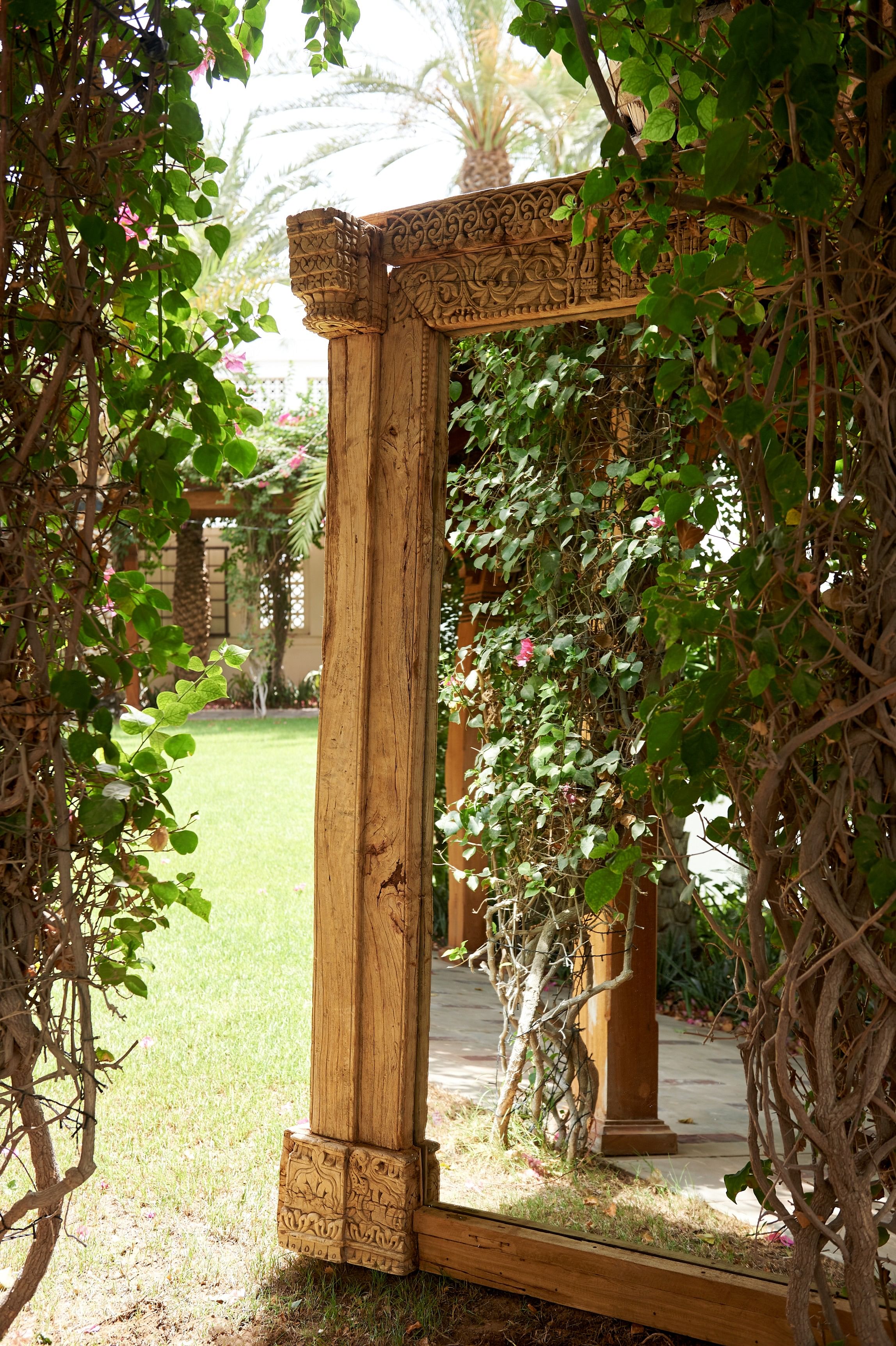 A rugged wooden mirror stands in a doorway reflecting a creeping Bougainvillea plant climbing a wall